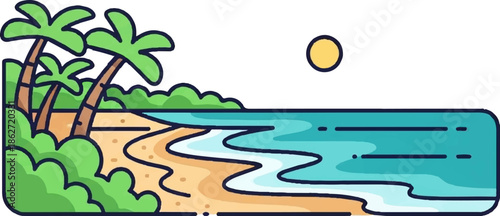 Vibrant cartoon scene depicting a serene tropical beach, complete with palm trees, sand, and ocean waves
