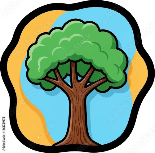 Vibrant illustration of a green tree with a brown trunk on a split orange and blue background, outlined in black