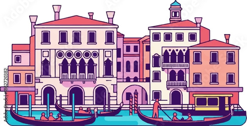 Vibrant illustration of a European canal city with colorful buildings and people riding in gondolas