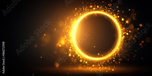 Glowing golden ring with light effects on black background digital illustration