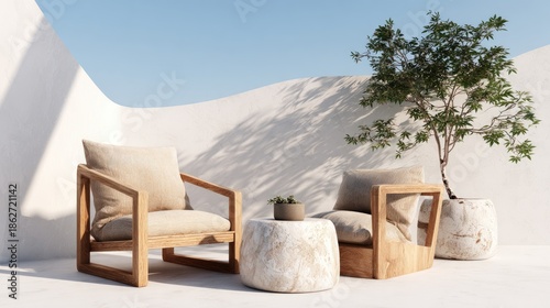 Modern outdoor seating arrangement with wooden armchairs and decorative elements
