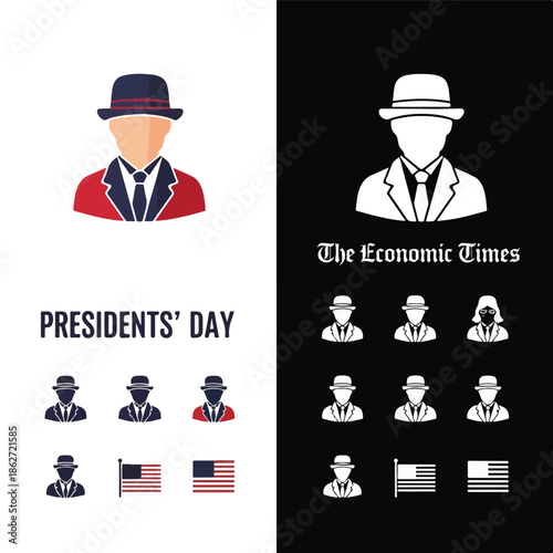 Graphic illustration of Presidents' Day icons featuring various US presidents and flags on a white and black background.