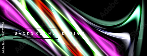 Abstract colorful waves flow across black background. Dynamic lines create modern visual effect. Bright gradients, smooth curves present.