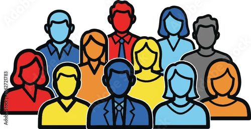 Vibrant outline illustration of a diverse group of eleven people's busts, showing community and teamwork