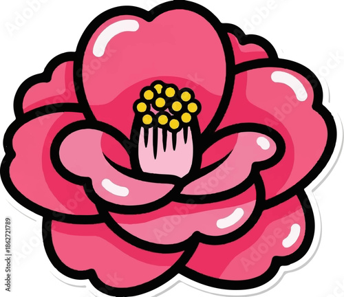 Vibrant pink cartoon flower illustration with a detailed yellow stamen, thick black outline, and white border
