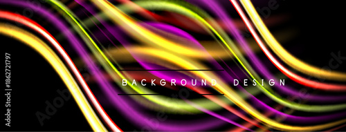 Abstract colorful lines flow across black background. Dynamic curves create modern visual effect. Text reads background design.