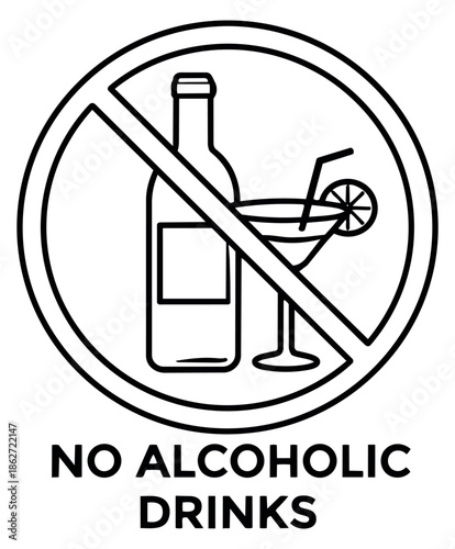 Line art illustration of a no alcoholic drinks sign depicting a beverage restriction for designated areas