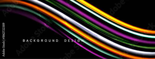 Abstract flowing lines create dynamic, colorful waves against black backdrop. Modern design element for digital projects.