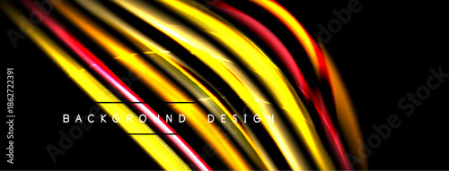 Dynamic lines create vibrant abstract composition. Golden, red, yellow hues contrast against black backdrop. Modern design element.