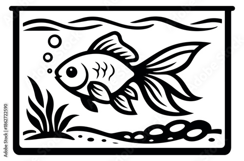 Line art illustration of a goldfish depicting its habitat in an aquarium for pet related designs