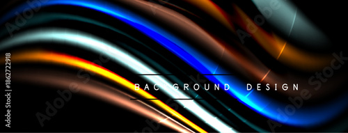 Abstract flowing lines, vibrant colors, dark background. Modern design element, dynamic curves, smooth gradients present.
