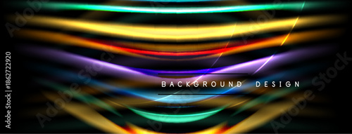 Abstract colorful lines create dynamic background. Bright gradients, smooth curves, modern design elements present. Dark space surrounds vibrant illumination.