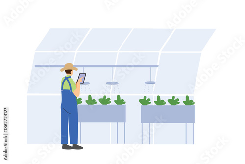 Farmer Using Tablet App in Greenhouse for IoT Smart Farming and Remote Control Cartoon Illustration