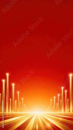 Abstract glowing pathway with illuminated columns converging toward a bright horizon against a red gradient background