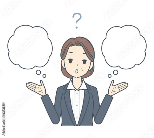 疑問符と共に考え込む中年のビジネスウーマンのイラスト