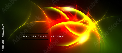 Abstract vibrant energy flows. Red, yellow, green hues blend. Dynamic lines create glowing effect, dark background present.