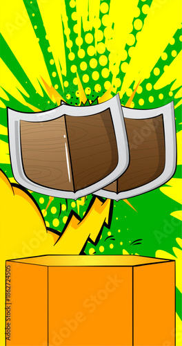 Comic Book Product podium stage for mockup presentation with Shield. Retro comics background.