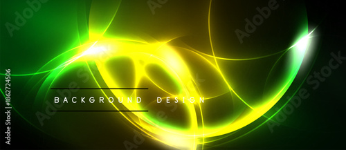 Bright neon swirls, vibrant green, yellow hues. Dark background creates dramatic effect. Text reads background design.