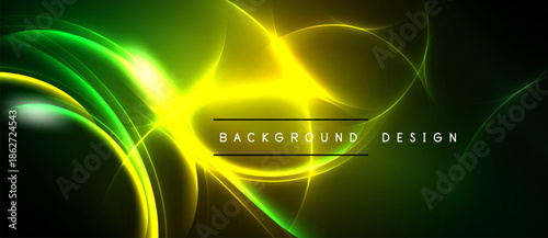 Bright abstract lines, curves, glowing shapes. Yellow, green hues dominate dark background. Modern design element.