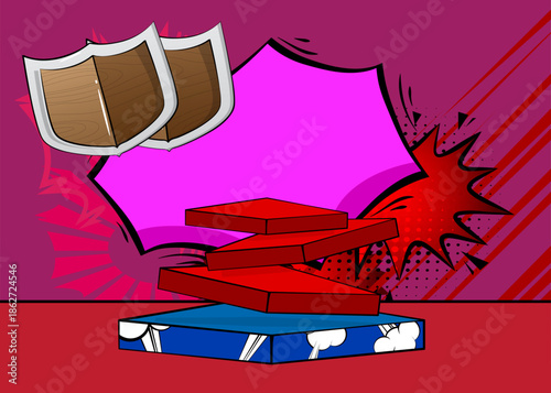 Comic Book Product podium stage for mockup presentation with Shield. Retro comics background.