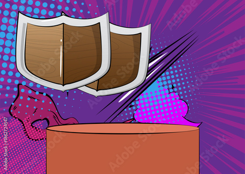 Comic Book Product podium stage for mockup presentation with Shield. Retro comics background.