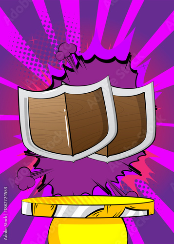 Comic Book Product podium stage for mockup presentation with Shield. Retro comics background.