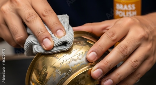 Hands Carefully Polishing Vintage Brass Object With A Soft Grey Cloth