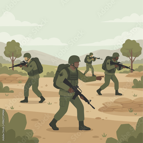 Battlefield Patrol

A flat vector illustration of soldiers on patrol in a battlefield environment. Soldiers move cautiously with rifles while communicating via hand signals. 