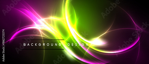 Bright abstract lines form flowing shapes. Vivid purple, green, yellow hues dominate dark background. Modern design element.