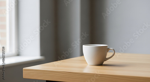 Wallpaper Mural Minimalist white ceramic coffee cup on a light wood table by a b Torontodigital.ca