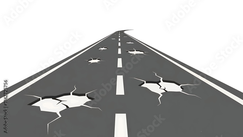A perspective illustration of a cracked asphalt road with white lane markings and large fissures, indicating potential damage or infrastructure problems