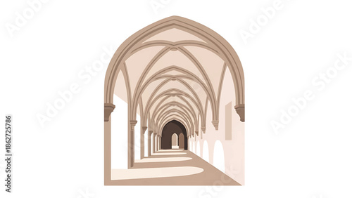 A perspective illustration shows a long, arched corridor. Sunlight streams down the hall, creating a shadow pattern on the floor