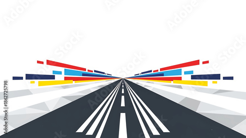 A perspective illustration shows a road receding into the distance with colorful abstract lines extending from each side. White space is in the background