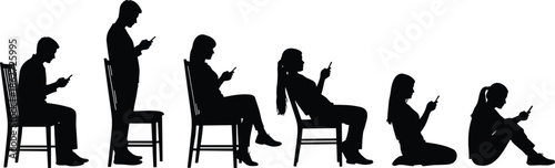 People Using Mobile Phones Silhouettes in Diverse Poses Including Sitting and Standing, Depicting Communication, Technology Use, Digital Addiction, and Modern Connected Lifestyle, Vector Illustration