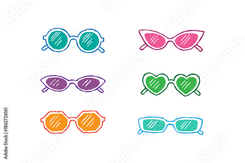 Set of sunglasses retro doodle style eyewear with unique frames. Vector and drawn cartoon colorful illustration, optical lenses, and sunglasses for fashion and summer vibes