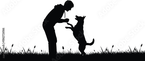 Person playing with dog, silhouette interaction, outdoor pet training, black vector art, grassy nature scene, companionship moment, minimalist illustration