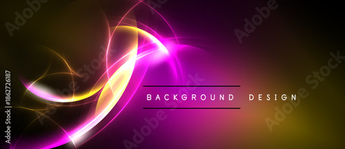 Bright abstract lines create dynamic energy. Vivid colors blend, forming flowing shapes against dark backdrop. Text reads background design.