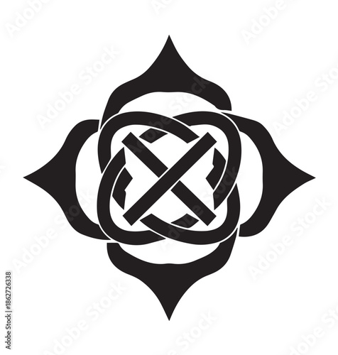Symmetrical pointed knot medallion ornament, four-pointed star or floral tribal symbol, black vector silhouette on white background.