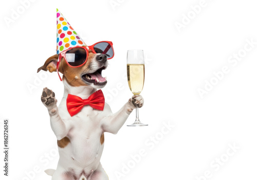 Joyful Jack Russell Terrier in polka-dot hat, red sunglasses, bow tie, holding champagne, paw raised, against transparent background with streamers, concept of joyous celebration