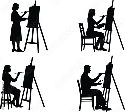 Professional and amateur artists, men and women, painting on an easel using brushes, illustrating fine art creation and studio creativity silhouettes