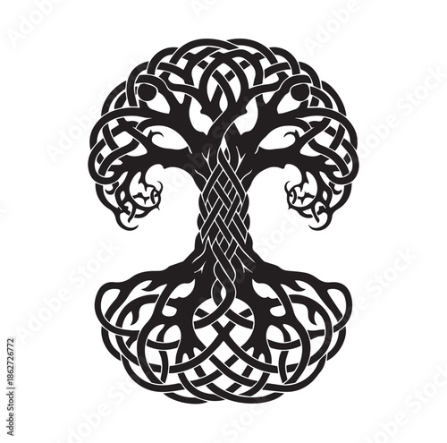 Celtic Tree of Life with intricate braided roots and branches silhouette vector illustration for spiritual nature designs