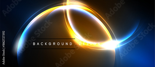 Abstract neon circles overlap, creating dynamic light effects. Dark background emphasizes bright orange, blue glows. Modern design element.