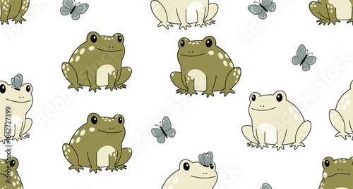 Cute Frog Seamless Pattern with Smiling Cartoon Amphibians and Butterflies in Soft Pastel Flat Vector Illustration Style
