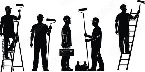 Professional painter and construction worker vector silhouettes, featuring men with rollers, toolboxes, and ladders, ideal for home improvement, renovation, and tradesman service graphics.
