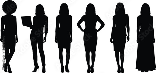 Professional women silhouettes standing in stylish poses, representing elegance, confidence, fashion, corporate identity, modern female workforce, vector illustration elements for design
