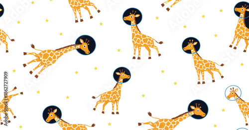 Cute Giraffe Astronaut Seamless Pattern with Cartoon Space Animals Stars and Playful Poses Flat Vector Illustration