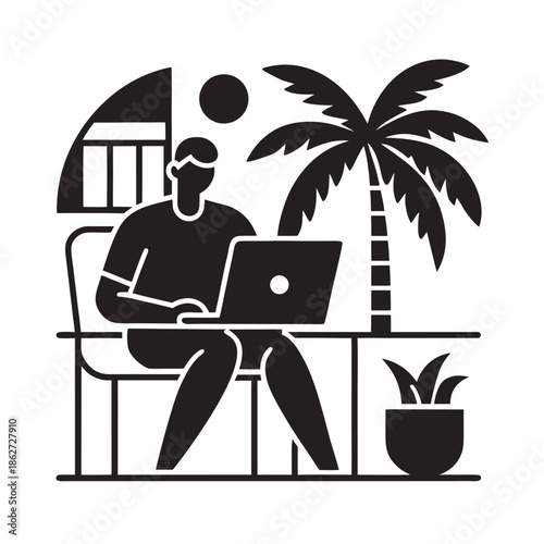 Palm Beach Balcony Coffee Laptop Silhouette