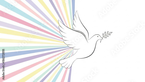 A white dove flying with an olive branch in its beak against a vibrant multicolored sunburst background symbolizing peace and harmony with symbolic