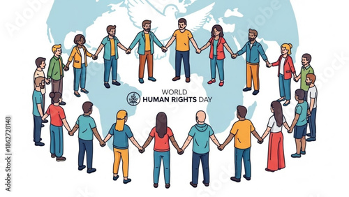 Diverse people holding hands around the world on world human rights day, symbolizing unity and solidarity, equality and justice for all, promoting human rights awareness
