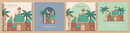 Ramadan Kareem. Islamic greeting card template with mosque, crescent, pattern, window and street for greeting card, background. eid mubarak poster cover  in art style design vector illustration.